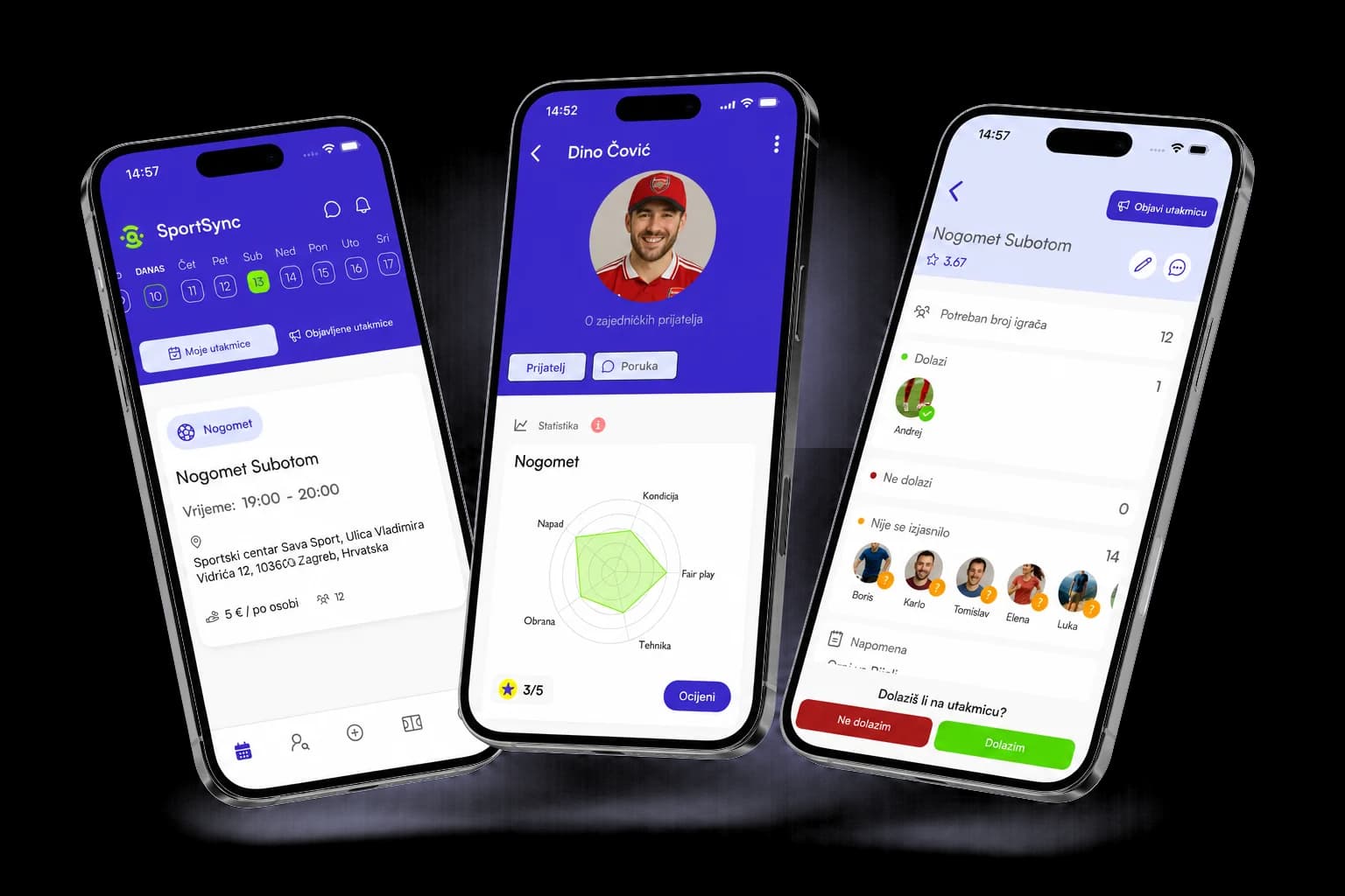 Stvarni prikaz SportSync mobilne aplikacije za organizaciju sportskih termina
